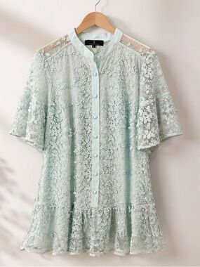 Abbey Glass Leila Collared Seafoam Lace Dress Womens Size L